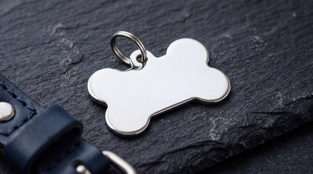 Blank metal dog bone identification tag with leather collar on black slate.