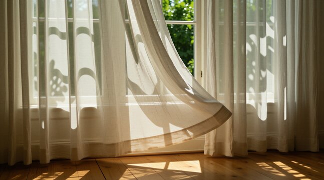 Light white curtains blow in gentle breeze near window. Sunlight streams through transparent fabric, casting shadows on wooden floor. Open window allows fresh air into bright clean room.
