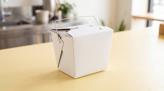 Blank white Chinese takeout food container on a kitchen counter.