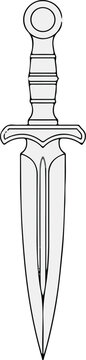CAD halloween line Medieval dagger vector illustration, ancient steel blade with ornate hilt, fantasy warrior weapon icon, historical combat knife line art isolated on White Background vector
