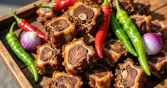 Heap of crispy fried pork greaves on wooden board with red, green chili peppers, small onions. Savory meat snack pieces served at street food market stall. Fatty pork belly skin cracklings ready for