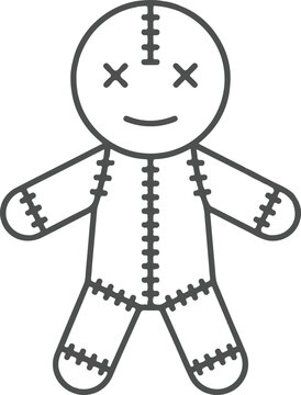 CAD halloween line Voodoo doll line icon vector, spooky rag doll with stitched seams, occult magic ritual character, minimalist halloween toy symbol isolated on White Background vector eps