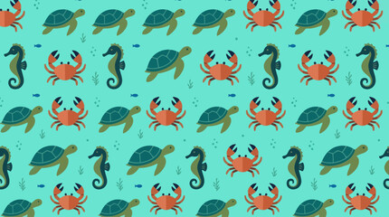 Seamless pattern featuring cute sea turtles crabs and seahorses. © zxnakwkwown
