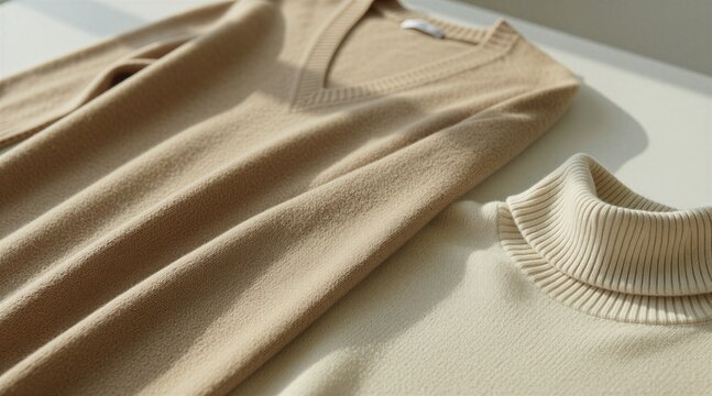 Soft beige vneck sweater, cream turtleneck pullover laid on white table. Cozy knitwear collection shows warm wool fabric texture. Minimalist winter fashion clothes look elegant for autumn season.