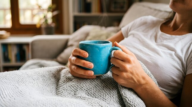 A woman relaxing on a comfortable sofa while holding a warm blue mug of coffee or tea at home