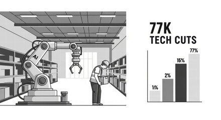 Obraz premium Black and white warehouse image with a robot and chart showing significant technological cuts, ai job loss illustration concept, AI generated