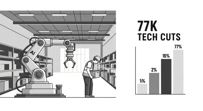 Black and white warehouse image with a robot and chart showing significant technological cuts, ai job loss illustration concept, AI generated