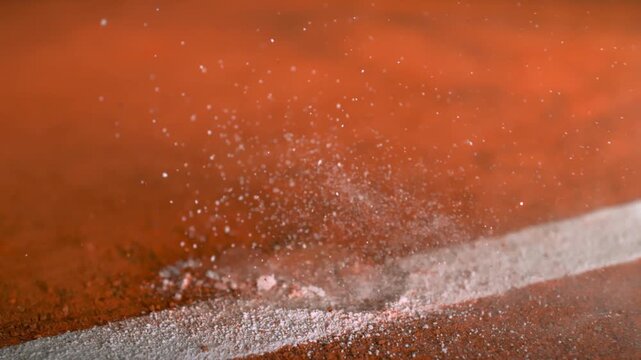 Low angle close up of a fuzzy yellow tennis ball resting on the white painted boundary line of an orange clay court sports match concept