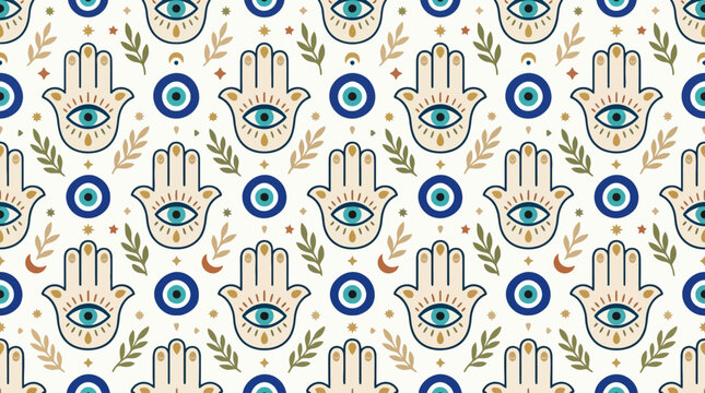 Seamless pattern featuring hamsa hands and evil eye amulets.