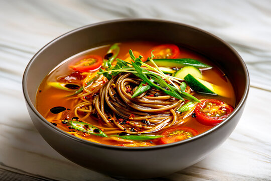 Cold Tomato and Kimchi Soba Noodle Soup with Fresh Vegetables &ndash; AI Generative