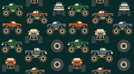 Seamless pattern featuring various monster trucks in different colors. © zxnakwkwown