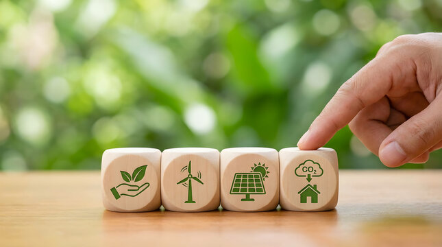 Environmental Sustainability and Renewable Energy Strategy Concept with Wooden Cubes on Table