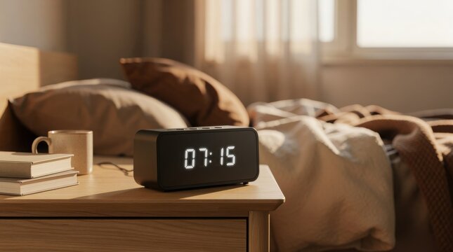 A modern digital alarm clock shows 7:15 on a wooden bedside table next to books and a coffee cup, with a cozy bed and warm morning light in the background.