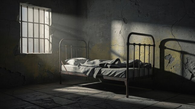 A dimly lit, empty prison cell features a bare metal bed with rumpled gray blankets, casting shadows on the cracked, worn walls and floor.