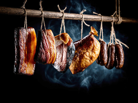 Traditional Smoked Meats Hanging in Rustic Smokehouse &ndash; AI Generative