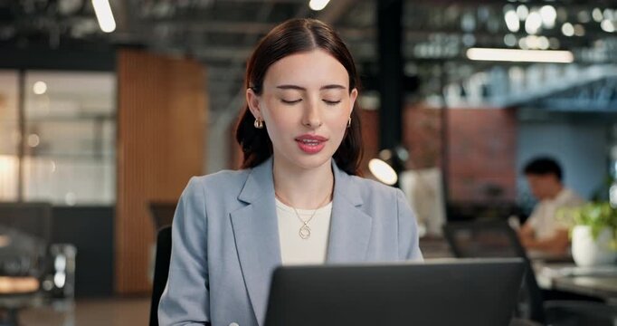 Creative, laptop or woman in office with review, SEO research or pitch draft for campaign. Reading, tech or marketing advisor with typing, advertising strategy or proposal edit for brand development.