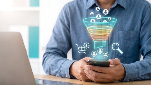 digital marketing sales funnel and customer conversion concept with man using smartphone showing lead generation online shopping targeting and audience segmentation for business growth strategy