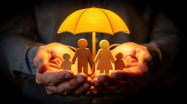 Hands protect a family of paper cutouts under a glowing yellow umbrella, symbolizing safety, care, and protection.