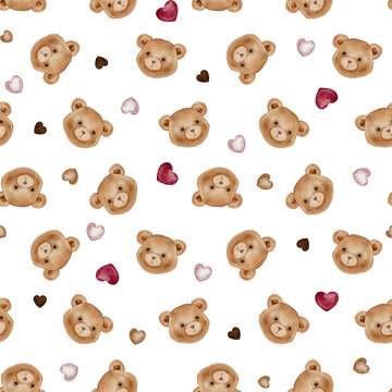 Seamless pattern with watercolor illustrations of cute brown teddy bear faces and hearts. For baby textiles and children's decor, design, wallpaper. Repeating pattern of bear heads.