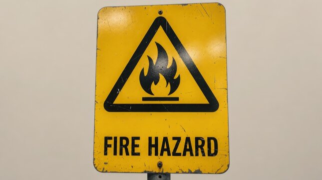 A yellow warning sign indicating fire hazard with a black flame symbol inside a triangle.