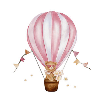 Watercolor illustration cute teddy bear riding in pink and white striped hot air balloon. Bear wearing small white ruffled collar and bouquet of daisies. For wall decal or clipart for baby nurseries