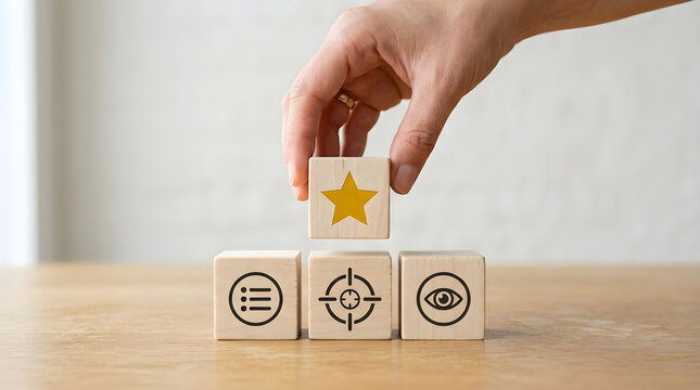 Strategic Business Planning Concept Hand Placing Wooden Block on White Table Surface