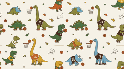 Seamless Pattern of Cute Cartoon Dinosaurs Playing Basketball. © zxnakwkwown