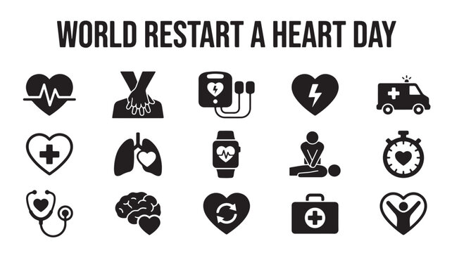 World Restart a Heart Day icon set, 15 black medical vector symbols for CPR and first aid, emergency cardiac care and life support graphics