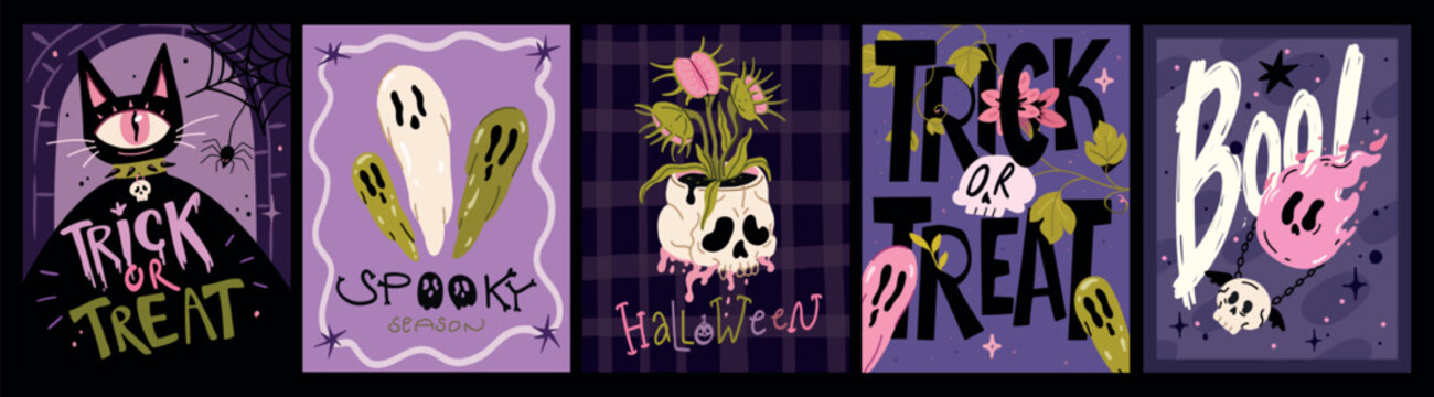 Set of halloween posters with trick or treat lettering, spooky ghosts, cyclops cat, venus flytrap in skull and pink burning skull. Creepy cute pastel goth vector