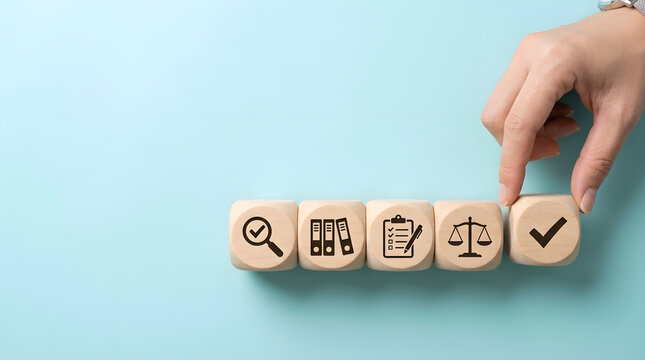Regulatory Compliance Concept Hand Placing Wooden Cube with Audit Process Icons