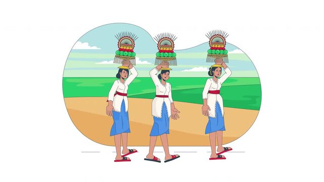 Mepeed tradition procession carrying gebogan offerings in Bali cartoon animation. Balinese women participating in Galungan ceremony animated flat 2D characters 4K video isolated on transparent white