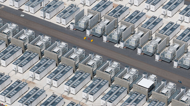Aerial view of a large-scale industrial energy storage facility with rows of white battery containers and concrete partitions in Vilvoorde, Flanders, Belgium.