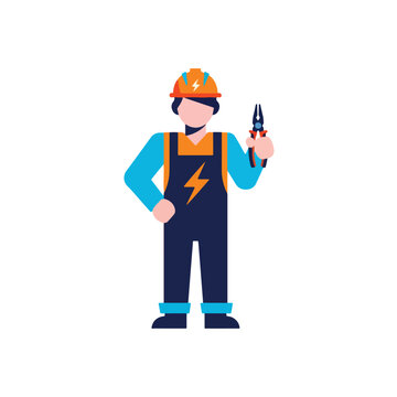 Professional electrician technician character holding pliers in flat vector illustration style isolated on white
