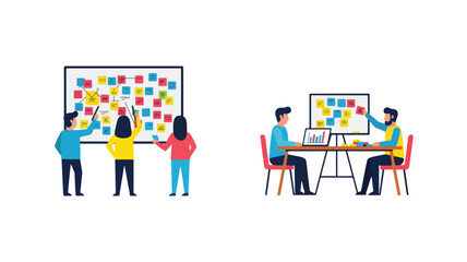 Fototapeta premium Business teamwork brainstorming and planning with agile board and sticky notes flat vector illustration