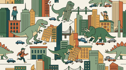 Seamless Pattern of Dinosaurs Invading a Modern City with People. © zxnakwkwown