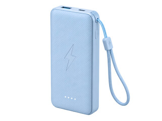 Fototapeta premium Light blue portable power bank with wrist strap isolated on transparent background