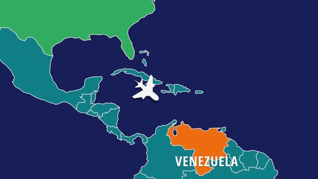 Flight Map Animation Showing Airplane Route Travelling From USA to Venezuela. Perfect visual for video editors, content creators, and marketing agencies needing high-end geographical transitions.