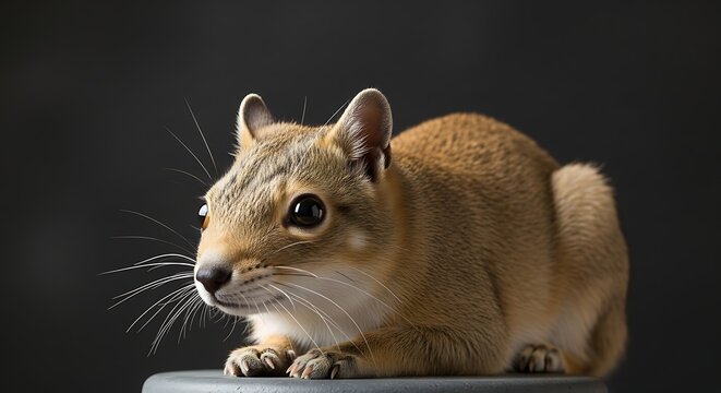 Small brown rodent sitting on a platform against a dark background.