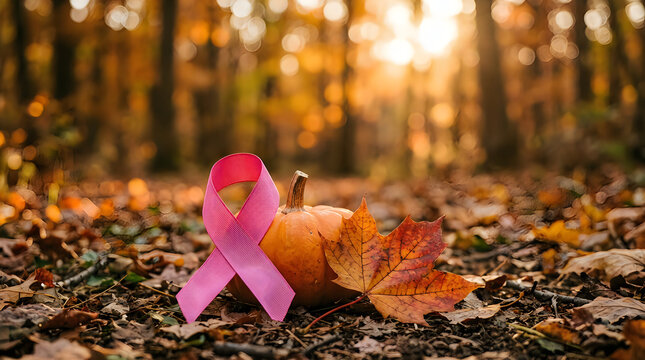 A pink ribbon symbol for breast cancer awareness month placed next to a small pumpkin in an autumn forest
