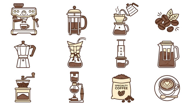 Coffee brewing equipment icons. Hand drawn set of various cafe tools and drink methods.
