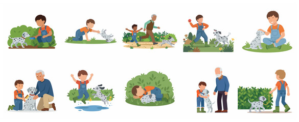 Fototapeta premium Boy and grandfather with Dalmatian puppy illustration set featuring scenes of feeding, playing, running, grooming, and walking their pet.