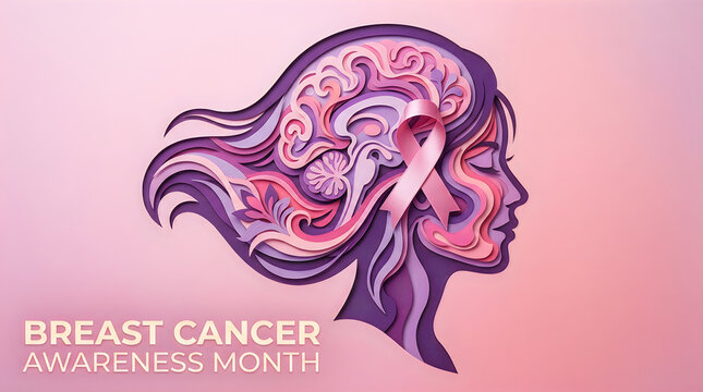 Artistic illustration of a woman profile representing breast cancer awareness month with pink ribbon and floral design elements