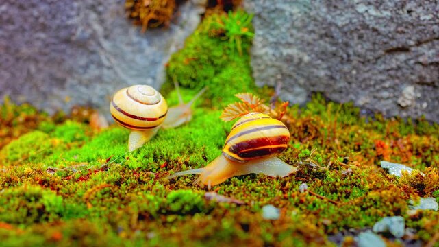 Two snails moving slowly across vibrant green mossy terrain in macro video footage with soft natural lighting.