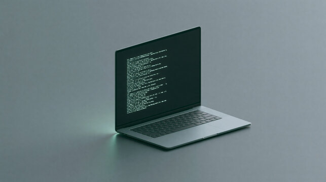 A modern laptop computer sits on a desk displaying lines of programming code on the screen representing software development and information technology tasks in a professional workspace