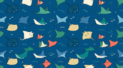 Seamless pattern with cute cartoon stingrays swimming in the ocean. © zxnakwkwown