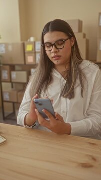 Woman wearing glasses seated at wooden desk taps smartphone with finger, holding device near palm, surrounded by stacked shipping boxes and labels in building; thoughtful focus.