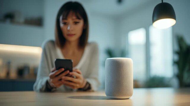 Focused on a smart speaker, the image captures a woman utilizing her smartphone in a stylish, softly lit room. This setting emphasizes the integration of smart home devices into everyday routines