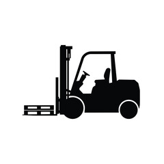 Naklejka premium Forklift truck with raised forks in a black silhouette against a white background lift lifting industrial vehicle transport