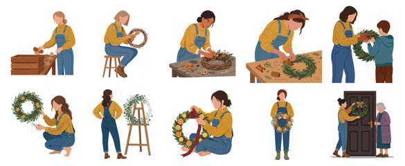 Fototapeta premium Set of flat illustrations depicting people crafting and decorating DIY Christmas wreaths with natural materials like pine branches, cinnamon sticks, and dried oranges.