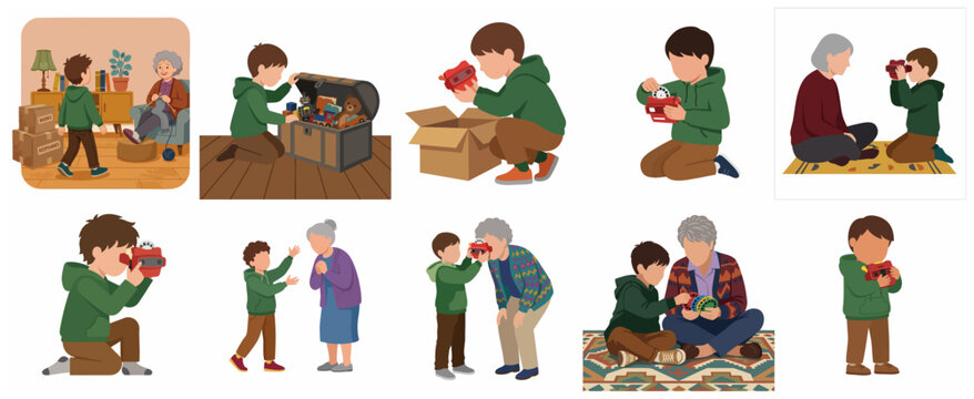 Set of illustrations showing a grandson and grandmother bonding over vintage toys and a retro viewer